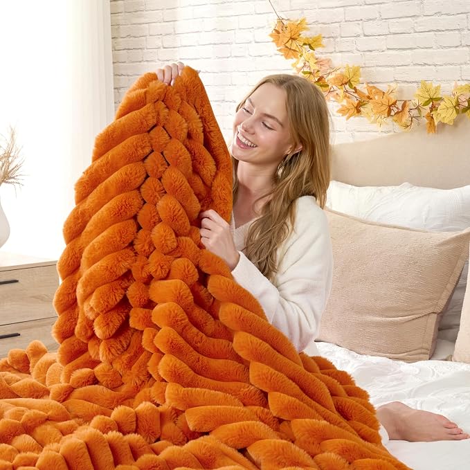 Cozy Bliss Faux Fur Throw Blanket for Couch, Cozy Warm Plush Striped Blanket for Sofa Bedroom Living Room, 60 * 80 Inches Burnt Orange