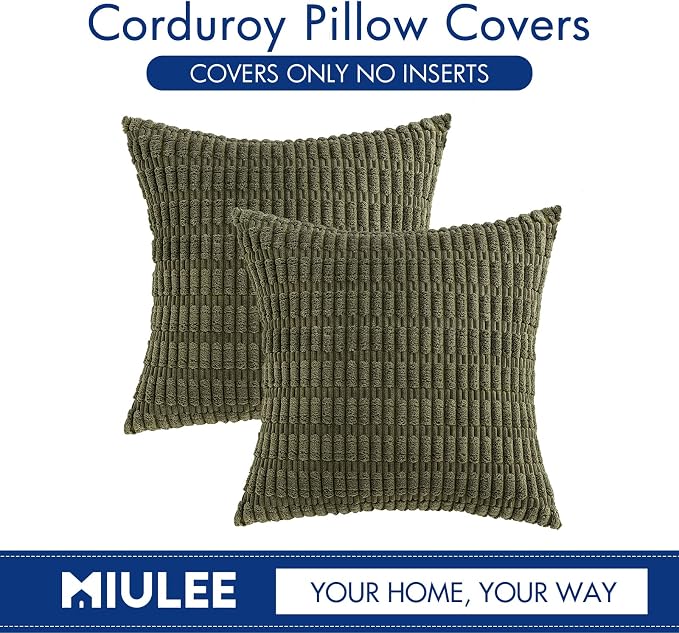 MIULEE Corduroy Decorative Throw Pillow Covers 18x18 Olive Green Pack of 2 | Soft Boho Striped Pillow Covers Modern Farmhouse Home Decor For Sofa Living Room Couch Bed