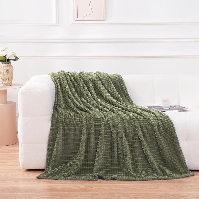 Puncuntex Fleece Throw Blanket Olive Green 90"×90" with Square Grid Design | Super Soft Plush Cozy Flannel Throw Blanket Luxury for Couch Sofa Chair