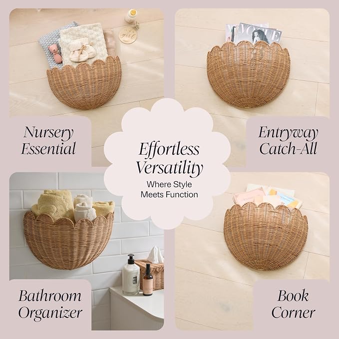 BEBE BASK Scalloped Wicker Wall Basket - The Original - 16 x 10 x 7 In | Handwoven Basket, Scalloped Décor Wall Hanging Baskets, Hanging Wall Basket, Rattan Wall Storage Basket for Home (Mocca)