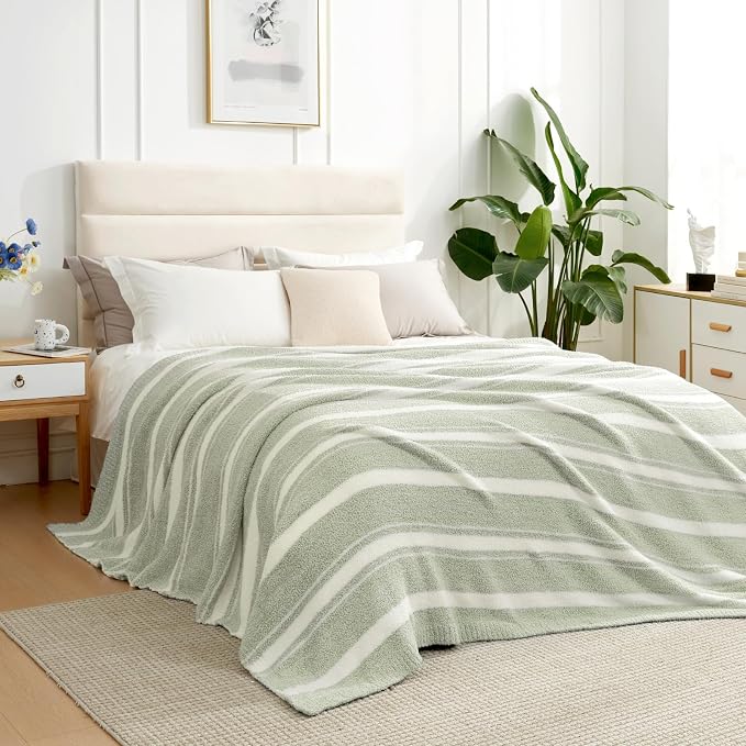 Snuggle Sac Heather Throw Blanket for Couch, Reversible Super Soft Blankets Warm Cozy Knit Fuzzy Plush Lightweight for Sofa, Bed, Camping, Picnic (Stripe Green, Twin (60"x80"))