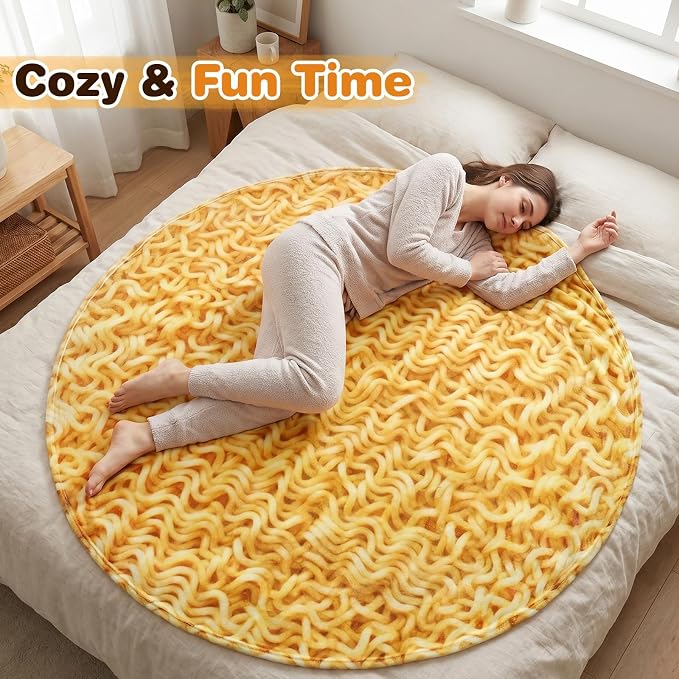 SeaRoomy Ramen Noodles Blanket, Realistic Food Funny Round Blanket, 60 in | White Elephant Gifts, Gag Gifts For Teen Boys & Girls, Novelty Christmas Birthday Presents, Double Sided, Soft Flannel
