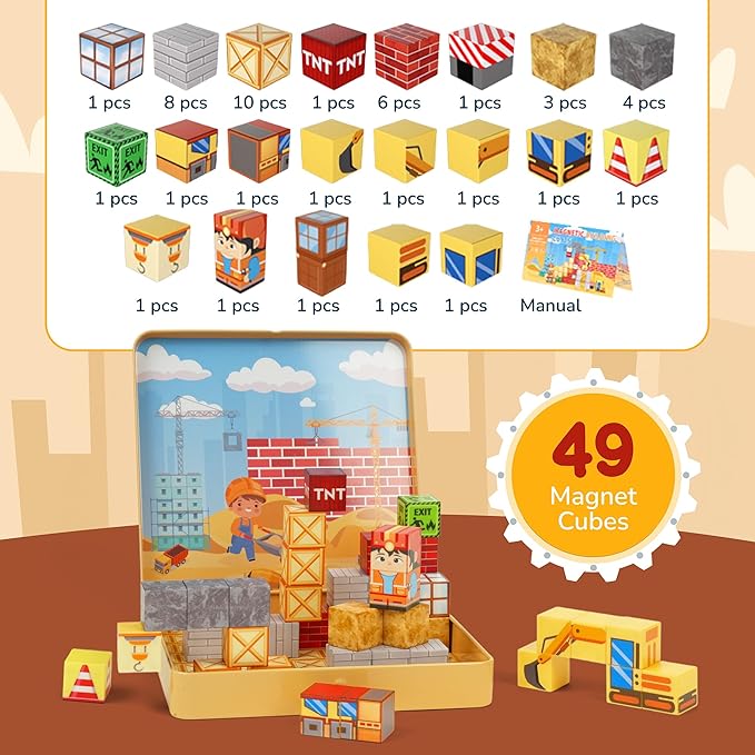 Mini Magnetic Blocks Travel Set – Christmas STEM Toddler Toys in Iron Box, Educational Building Cubes for Kids Ages 3–8, for Boys & Girls (49PCS Construstion Edition)