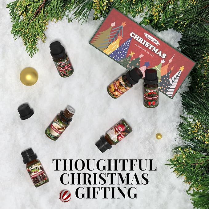 SALKING Christmas Fragrance Oils, Premium Essential Oil for Diffuser, Scented Oil Gift Set for Soap Candle Making - Christmas Wreath, Apple Cinnamon, Gingerbread, Candy Cane, Christmas Pudding, Eggnog