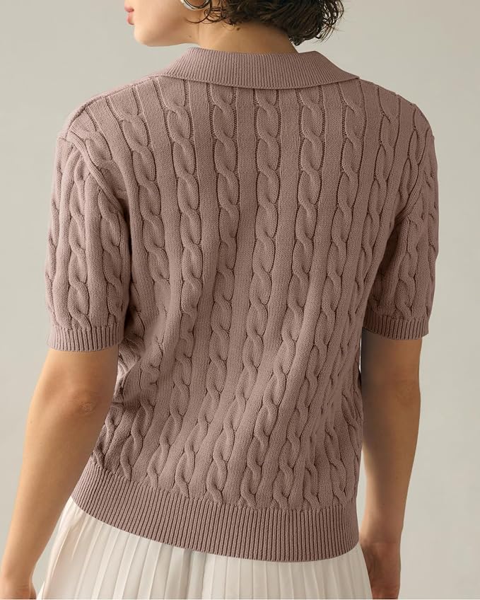 Imily Bela Womens Cable Short Sleeve Sweaters Tops Lapel V Neck Knit Shirt | Solid,Knit Casual,Soft Pullover,Fall Sweaters,Womens Summer Work Tops