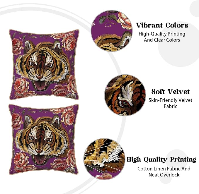 Tiger Flower Purple Velvet Pillow Covers 16x16 Inch Pink Floral Animal Throw Pillows for Couch Cushion Covers Pillowcase Farmhouse Modern Pillow Cases for Sofa Bed Living Room Bedroom