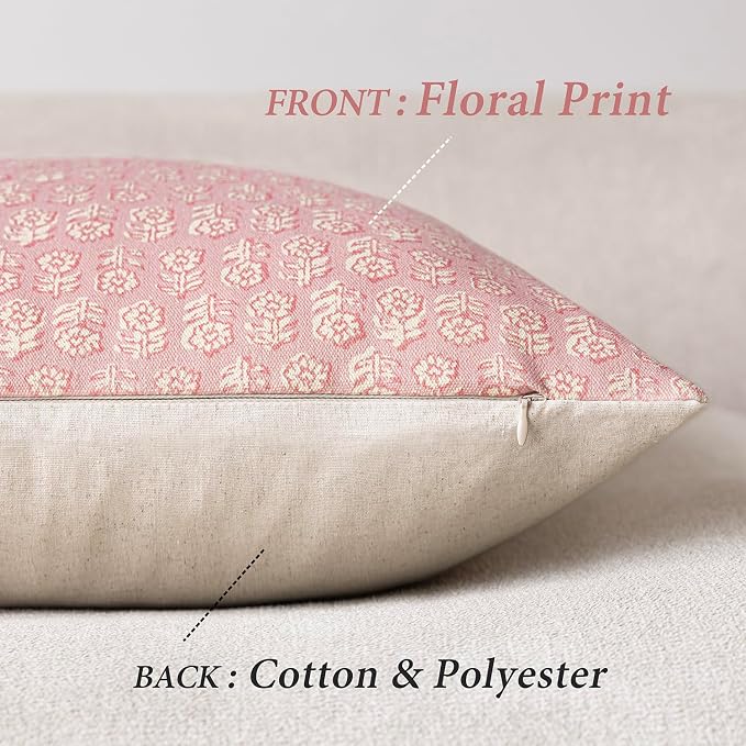 Foindtower Set of 2 Decorative Neutral Floral Print Throw Pillow Covers Vintage Accent Farmhouse Cushion Covers Boho Home Decor for Sofa Chair Couch Bedroom Living Room Outdoor,18×18 Inch,Light Pink