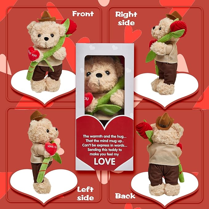 Teddy Bear Stuffed Animal for Girlfriend Boyfriend, Soft Plush Toy Teddy Bear With Rose Heart, Mothers Day Birthday Gifts for Mom Her Him Lover - 11 Inch Cute Bear Plush Present with Jewelry Box Hat