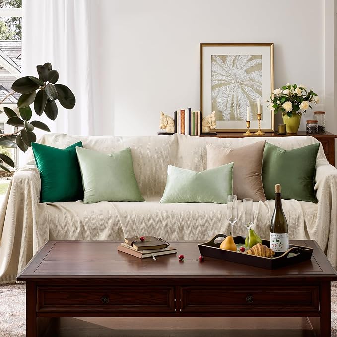 GIGIZAZA Sage Green Velvet Throw Pillow Covers 18x18 Pack of 2 | Decorative Pillows for Couch Sofa,280gsm Soft Textured Fabric,Modern Square Pillowcases,Luxury Cushion Covers