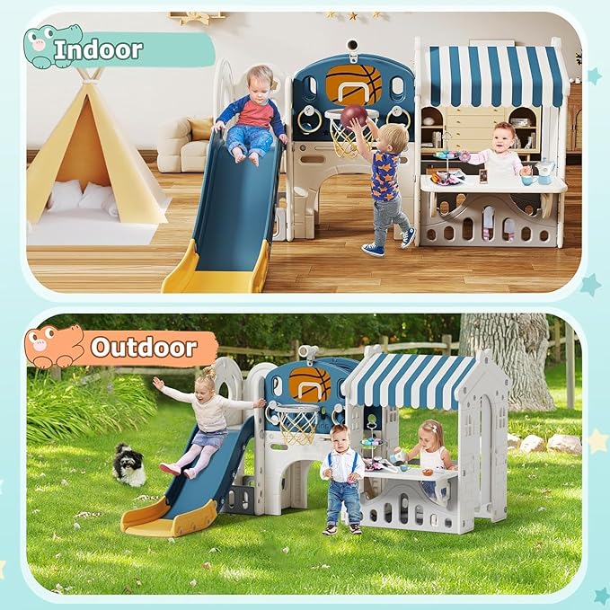 BIERUM 10 in 1 Toddler Slide with Basketball Hoop, Outdoor Slide for Toddlers Age 1-3 with Kid Playhouse, Indoor Toddler Playset Toddler Playground with Kitchen Toys Set Blue Yellow