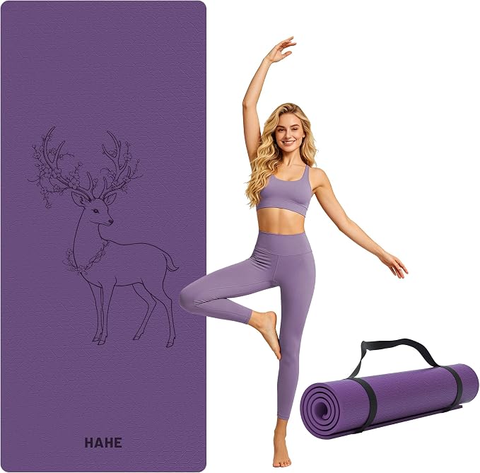 HAHE Extra Wide Yoga Mat, 75"x 32" POE Non Slip Exercise & Fitness Mat for Home Workout, 8mm Thick Large Yoga Mat for Men & Women, Deer Print Pilates Mats with Carry Strap