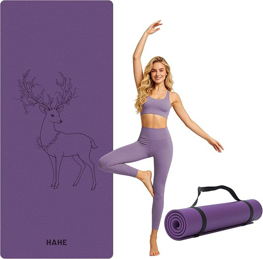 HAHE Extra Wide Yoga Mat, 75"x 32" POE Non Slip Exercise & Fitness Mat for Home Workout, 8mm Thick Large Yoga Mat for Men & Women, Deer Print Pilates Mats with Carry Strap