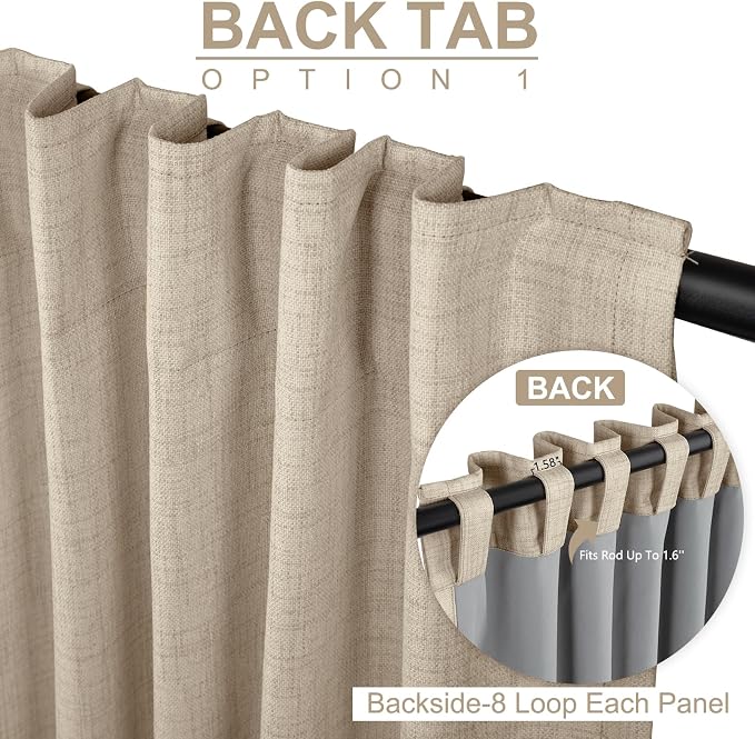 100% Blackout Shield Linen Blackout Sliding Door Curtains for Living Room, Back Tab/Rod Pocket Thermal Insulated Curtains for Sliding Glass Doors, 1 Panel Set, 100" W x 108" L, Oatmeal