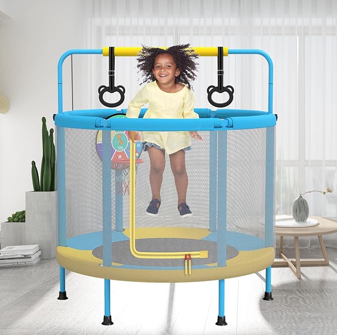 60" Trampoline for Kids, 5ft Toddler Mini 6-in-1 Trampoline Indoor Outdoor with Swing, Basketball Hoop, Dart Board, Rings, Christmas Toys Birthday Gifts for Girls Boys