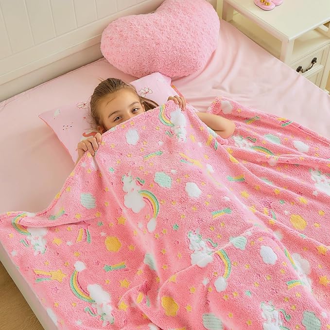 Wajade Rainbow Gifts Toys for Girls - Glow in The Dark Rainbow Blanket Birthday Christmas Decor for Kids Age 3 4 5 6 7 8 9 10 11 12 Years Old Teens Child Toddler Throw Pink 50"x60"