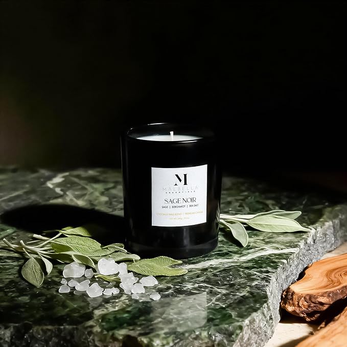 Sage Noire Luxury Scented Candle for Women & Men | 8.5 oz Hand-Poured Coconut Wax Blend | Modern Self-Care Aromatherapy Candle | 50 Hr Burn | Gift-Ready Glossy Glass Vessel