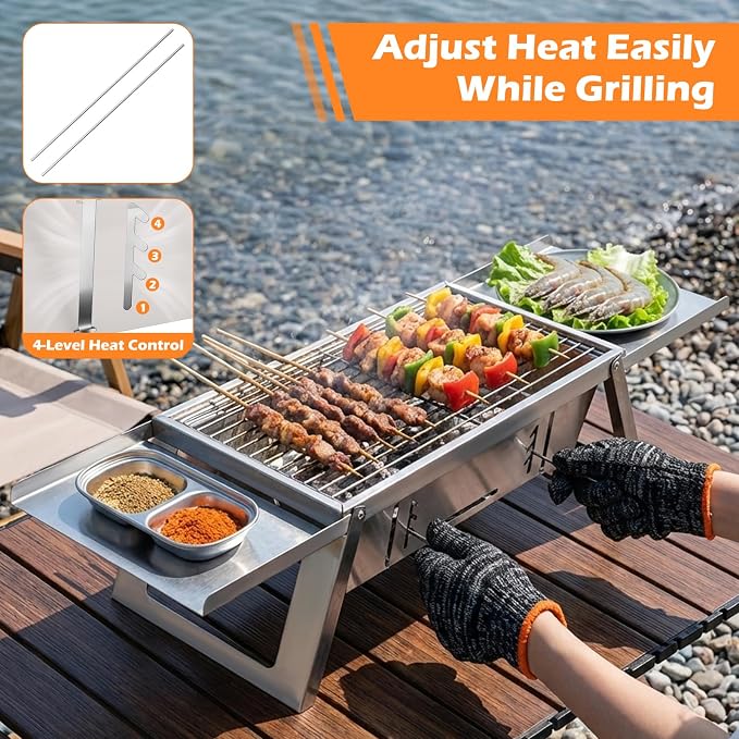 Small Portable Folding Charcoal BBQ Grill for Camping Picnic Garden Terrace | Mini tabletop barbecue with 4-level heat control, easy to operate, practical outdoor gear for backyard and outdoor gatherings