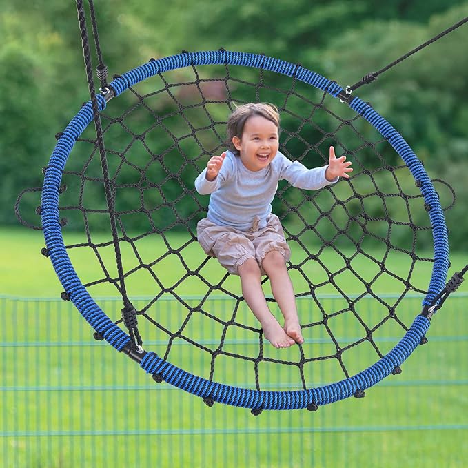 Trekassy 45" 750lbs Spider Web Tree Swing for Kids & Adults, Outdoor Steel Frame Saucer Net Swing with Swivel, Adjustable Ropes + 2 Tree Hanging Straps - Blue (Patented)