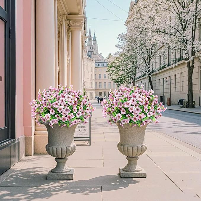 Ouddy Decor 24 Pcs Artificial Flowers for Outdoors Decorations, Pink | Lifelike silk flowers, UV resistant, faux plastic plants, for garden porch window table vase home indoor outdoor decor