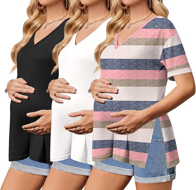 Ekouaer 3 Packs Women's Maternity Shirts V Neck Pregnancy Tops Short Sleeve Casual Workout Tees Side Split Mama Clothes