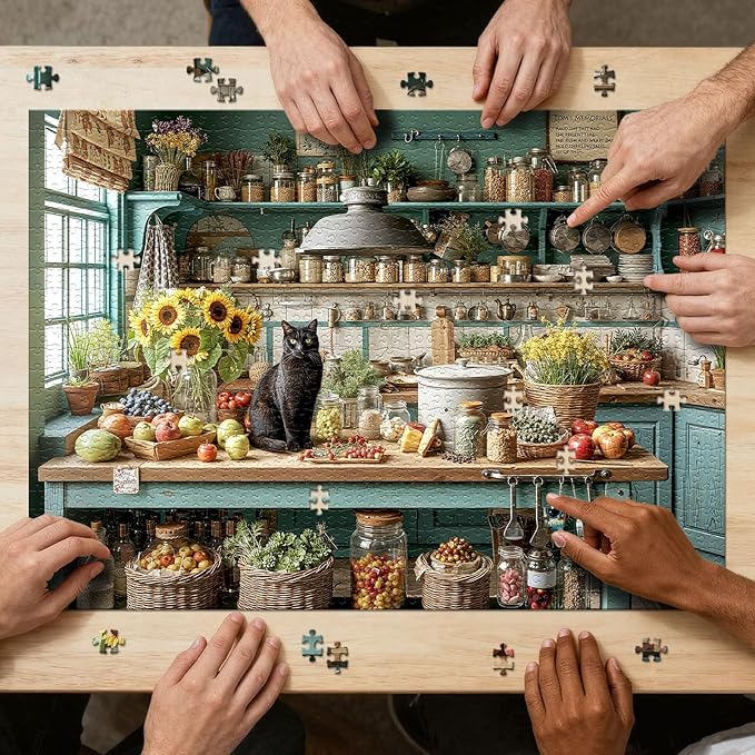 1000 Piece Puzzle for Adults - Black Cat Vintage Country Kitchen Jigsaw Puzzles - Brain Teaser Adult Puzzles - Christmas Birthday Gifts for Women/Men