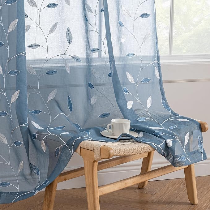 MIULEE Stone Blue Sheer Curtains 2 Panels Embroidered Leaf Patterned Rod Pocket Floral Semi Sheer Faux Linen Window Curtains Drapes Set for Living Room Bedroom Dining Room, 52x63 Inches Long