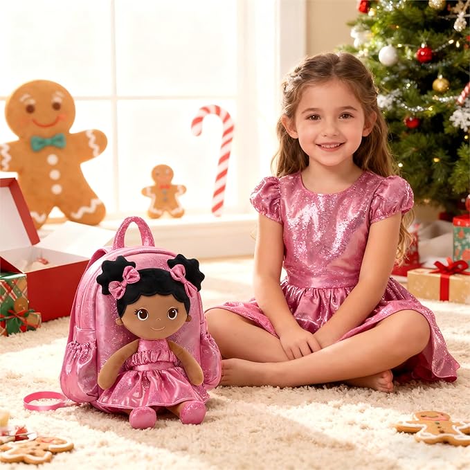 Lazada Toddler Backpack - Baby Girl Gifts Curly Fingerprints Plush Doll Dress Backpack - Fashion Girls Curly Rolled Fingerprints Series - Rose Red 11 Inches