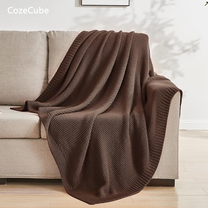 CozeCube Dark Brown Seed Stitch Throw Blanket 60"x80", Farmhouse Decor | Blanket for Couch, Soft Cozy Cable Knit Throw for Bed Sofa Living Room, Lightweight Warm Decorative Christmas Blanket