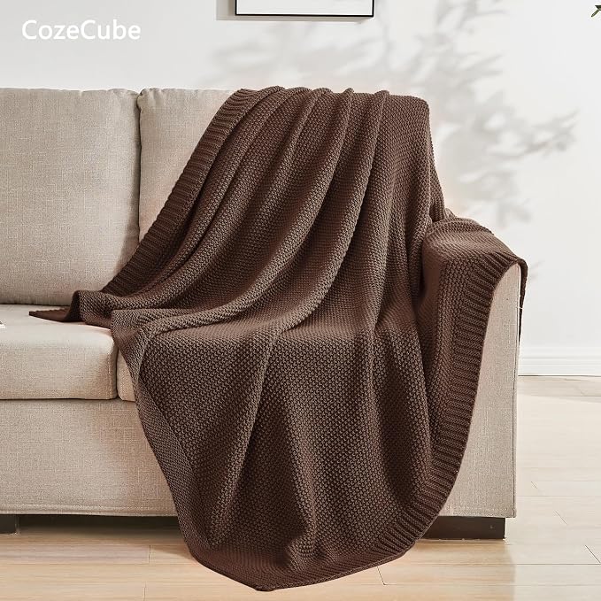 CozeCube Dark Brown Seed Stitch Throw Blanket 50"x60", Farmhouse Decor | Blanket for Couch, Soft Cozy Cable Knit Throw for Bed Sofa Living Room, Lightweight Warm Decorative Christmas Blanket