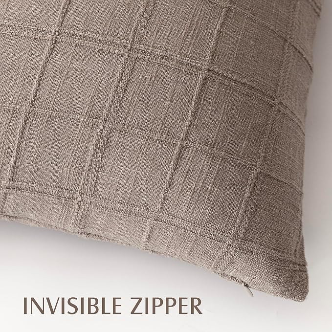 Foindtower Set of 2 Decorative Linen Check Throw Pillow Covers Neutral Farmhouse Lumbar Cushion Covers Modern Boho Home Decor for Sofa Chair Couch Bedroom Living Room,12×20 Inch,Tan Taupe
