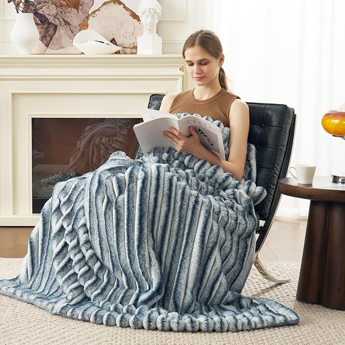 Cozy Bliss Faux Fur Throw Blanket for Couch, Cozy Warm Plush Striped Blanket for Sofa Bedroom Living Room, 60 * 80 Inches Blue