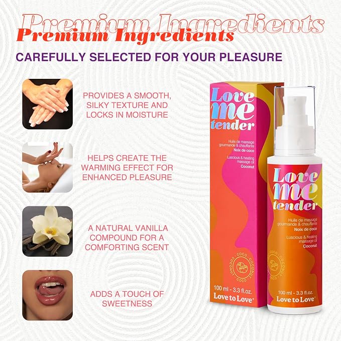 Love Me Tender Luscious Hydrating Coconut Warming Massage Oil – Kissable Flavored Massage Oil for Couples Intimacy, Romantic Date Night, Couples Play, Sensual Body Oil, Intimacy Items 3.3 fl oz
