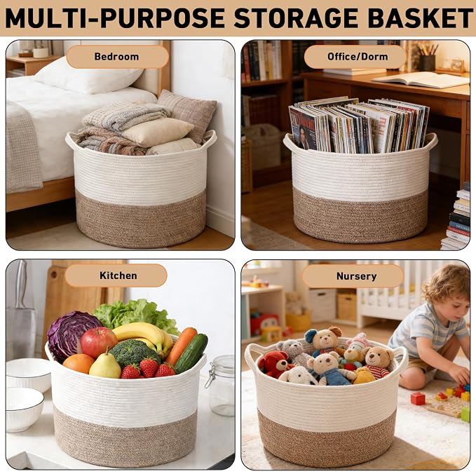 90L Woven Blanket Basket,Extra Large Laundry Basket-White & Brown | Collapsible Nursery Storage Bin with Sturdy Handles, Organizes Clothes, Toys and Pillows for Living Room, Bedroom, Bathroom
