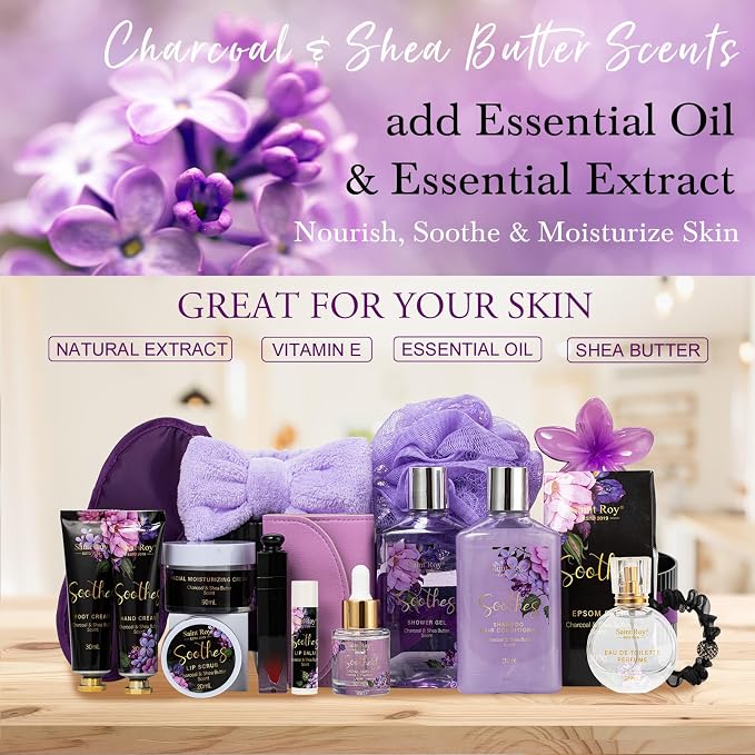 26 Pcs Spa Bath and Body Gift Basket, CHARCOAL SHEA BUTTER Spa Kit Gift Set | Bath & Body Gift Makeup Organizer, Spa Gift Basket, Face Skin Care Kit, Lip Self-Care, beauty kit Serum, Birthday, Christmas