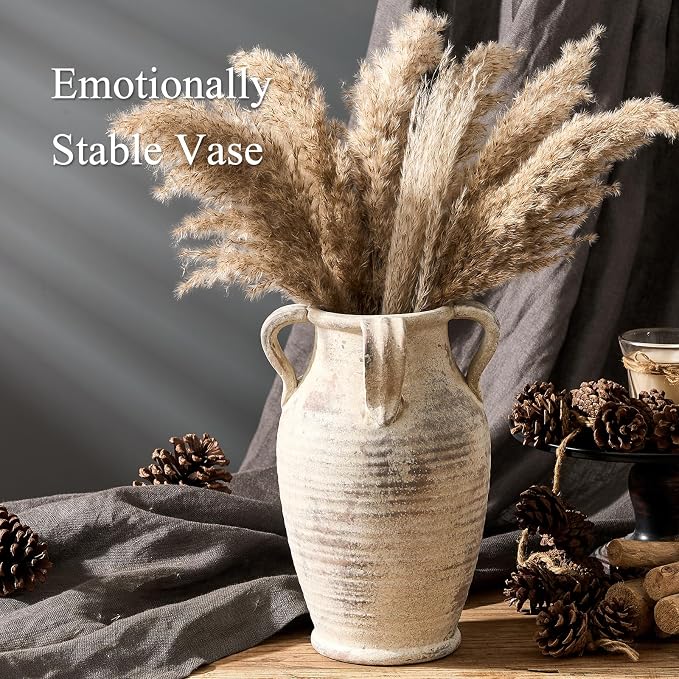Emotionally Grounded Vase, Vaseking Large Ceramic Rustic Vase with 4 Handles, 10.83 inch Minimalist Decorative Farmhouse Tall Vases for Home Decor, Living Room, Enterway, Wedding, Fired Terra Clay