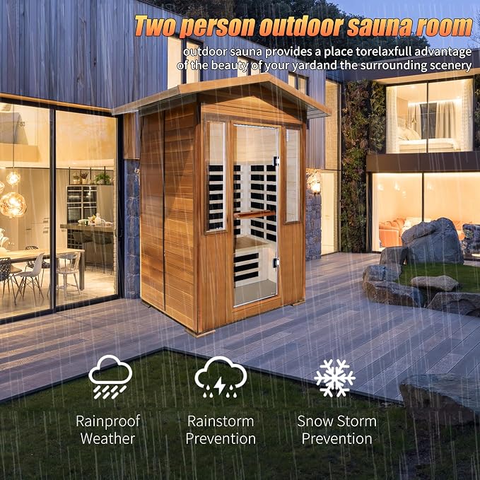 Outdoor Sauna 2 Person 1800W/110V Low EMF Dry Sauna Infrared Sauna for Home Inner Board Hemlock Wood/Outer Board Red Cedar, 8 Heating Panels with LCD Control Panel/Speaker and Tempered Glass Door