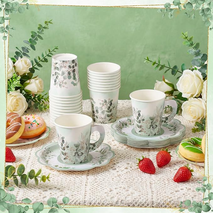 NatNarr 24 Sets Eucalyptus Leaf Tea Party Cups, 7 OZ Disposable Paper Tea Cups with Handle and Plates Teacups and Saucer Sets for Bridal Baby Shower Wedding Birthday Spring Party