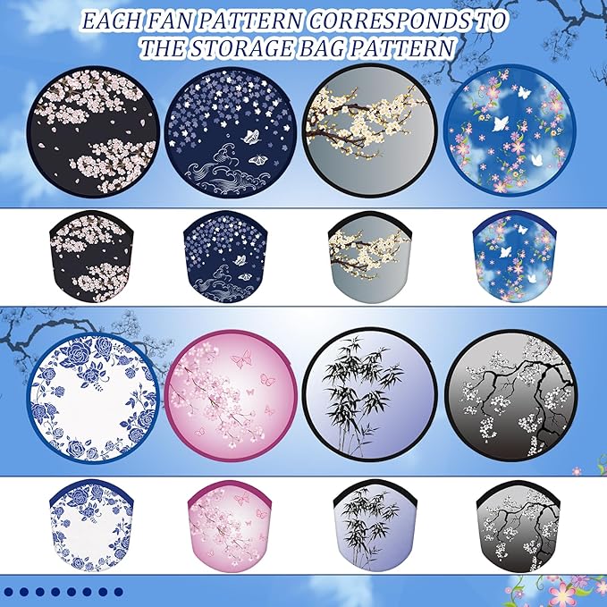 Gejoy 24 Pieces Chinese Style Flowers Foldable Flying Disc Fans Handheld Compact Cooling Multi Role Round Fans for Outdoor Games for Women Man Party Favors Decorations Portable, 8 Style