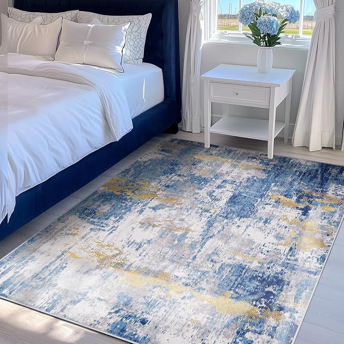 RELEANY Washable 4'x6' Abstract Area Rug for Living Room Blue Gold | carpet for bedroom, kitchen, office, hallway and entryway, printed pattern, non-slip, soft, stain-resistant, easy to clean