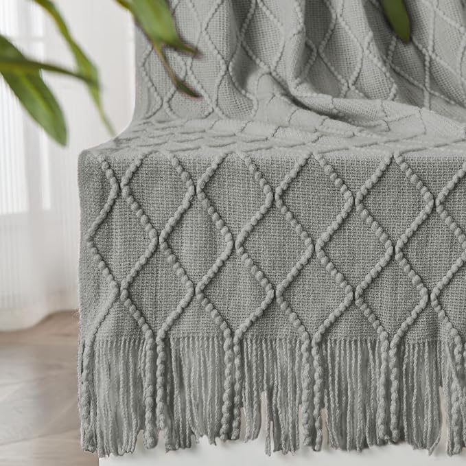 inhand Light Grey Knitted Throw Blanket for Couch and Bed, 50"x60" | Soft Cozy Knit Blanket with Tassel, Lightweight Decorative Blankets and Throws, Farmhouse Warm Woven for Men and Women