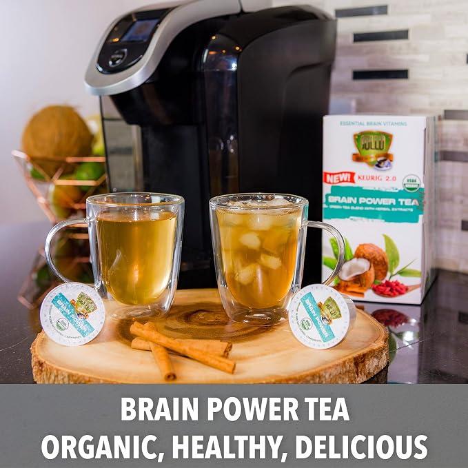 SOLLO Brain Power Organic Green Tea Pods with MCT, Acai & Essential nutrition, Nootropic Brain Booster- Improves Memory & Focus Compatible with 2.0 K-Cup Keurig Brewers, 24 Ct