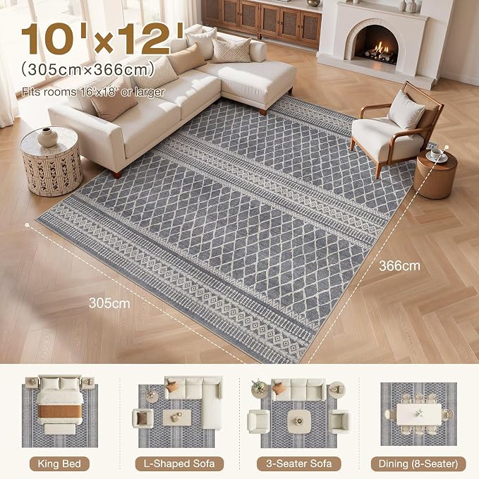 cotiled 10x12 Area Rugs Living Room Rug: Washable Boho Rugs with Non Slip Backing Large Soft Indoor Stain Resistant Carpet for Bedroom Farmhouse Dining Room Lightweight Home Decor Charcoal Grey