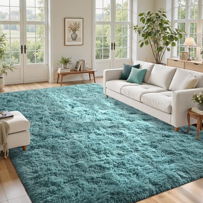 8x10 Area Rugs for Living Room Teal Shag Rugs,Modern Plush Non-Slip Soft Carpets for Bedroom Kids Nursery Dorm Daycare Floor