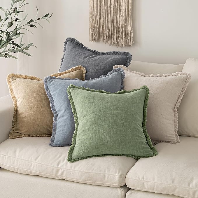 MIULEE Linen Fringe Decorative Euro Throw Pillow Covers Sage Green 22x22 | Set of 2, Cottagecore Decor, Boho Farmhouse Neutral Pillow Covers, Rustic Couch Cushion Cases for Sofa Bed Living Room