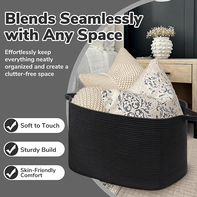 Goodpick 85L Large Woven Rope Blanket Basket, Rectangle, Black | 23.6'' x 15.7'' x 13.8'' Storage Basket for Blankets, Pillows & Toys, Living Room & Bedroom Organization, Reinforced Handles