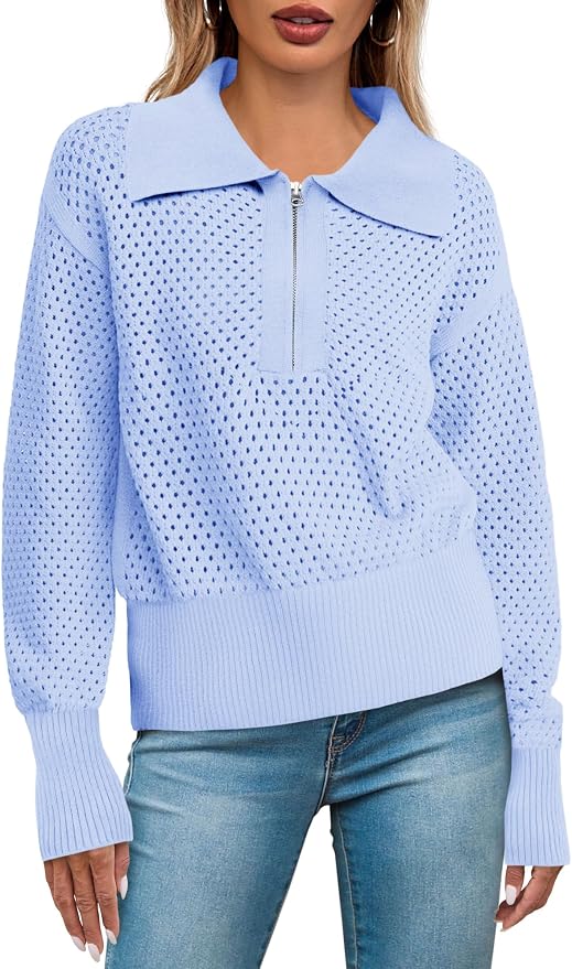 Doshoop Womens Summer Crochet Sweaters Long Sleeve Hollow Out Knit Half Zip Lapel Collar Pullover Tops