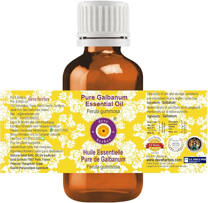dève herbes Galbanum Essential Oil (Ferula gummosa) Pure | Non-Sticky | Non-Greasy | Lightweight | Men & Women | All Skin Types | Steam Distilled 10ml (0.33 oz)