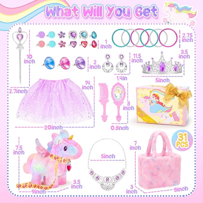 Tagitary Interactive Unicorn Plush Toy with Glowing Horns, Walking Pony Realistic Stuffed Unicorn with Kids Dress Up & Pretend Princess Jewelry Toys,Christmas Birthday Gift Party Favors for Toddlers