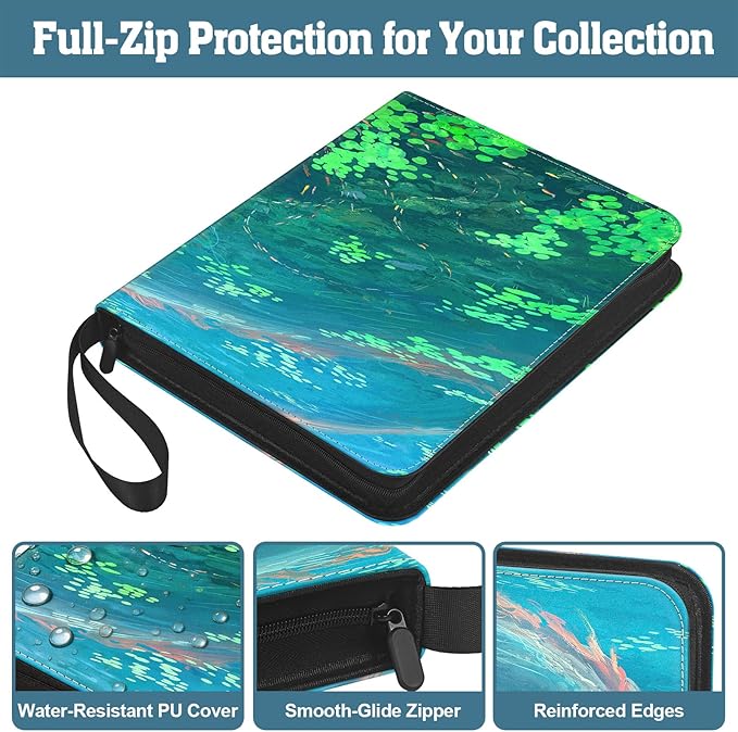 Trading Card Binder, 3-Ring Zippered for Standard 2.5"x3.5" TCG and Sports Cards, 9-Pocket Double-Sided Pages, 50 Sheets/900 Pockets, Acid-Free PVC-Free, PU Cover, Wrist Strap - Lake Art Design