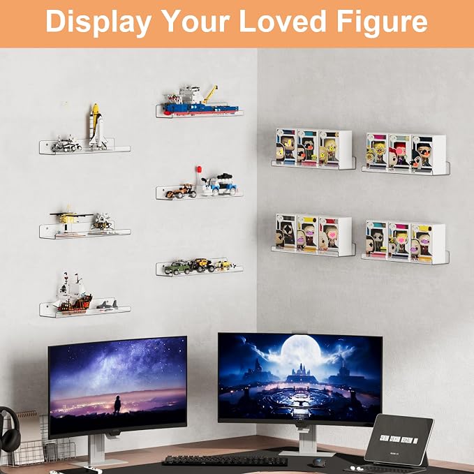 upsimples 14 Pcs 15" Acrylic Shelves for Wall Display and Storage, Clear | Transparent Design Highlights Skincare, Perfume, Easy-to-Find Versatile Floating Shelves for Bathroom, Bedroom and Playroom